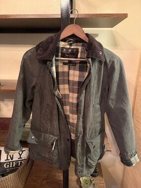 Barbour Green Waxed Cotton Utility Jacket with Brown Corduroy Collar